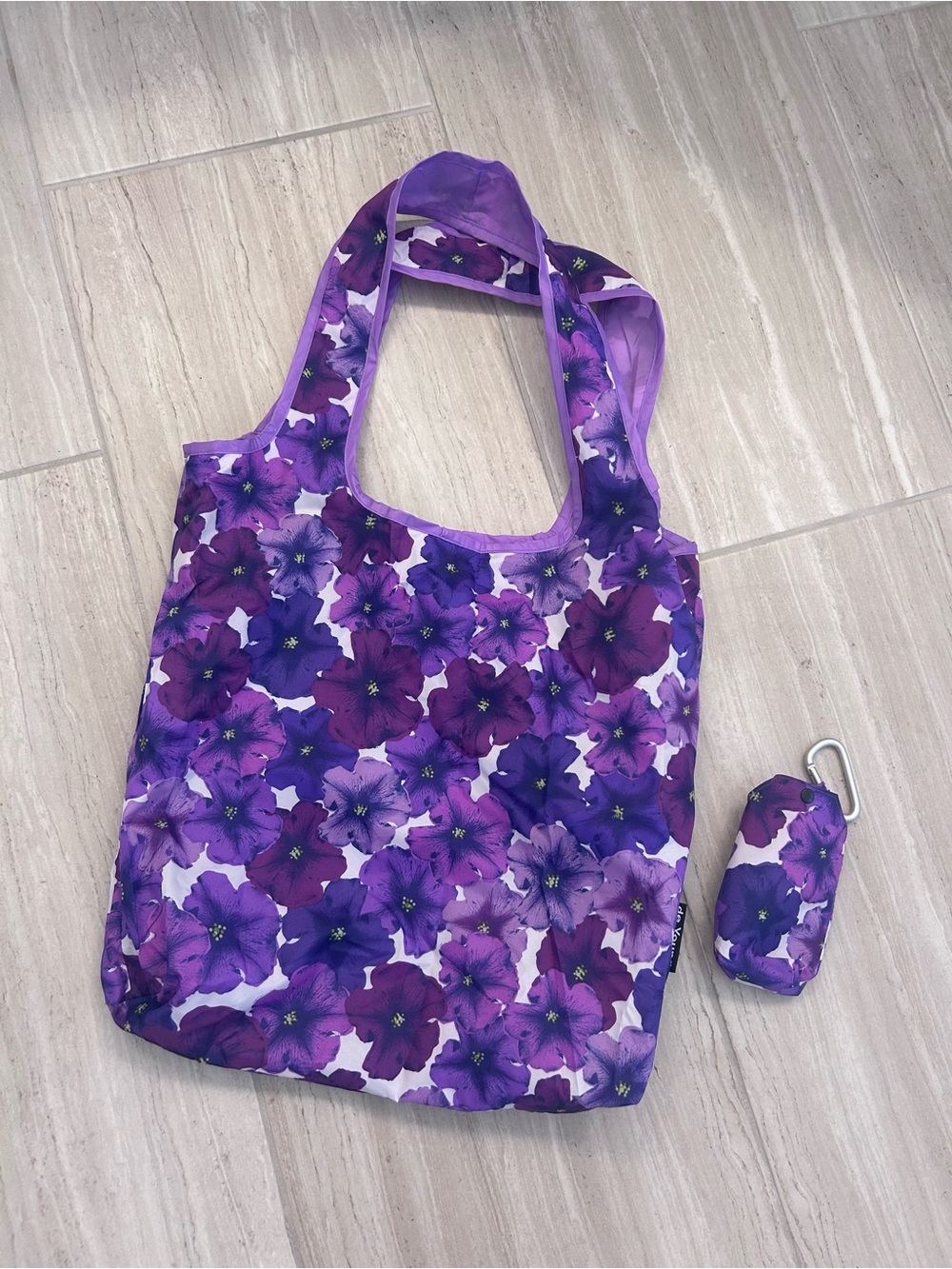 Purple Floral Foldable Tote Bag with Matching Pouch